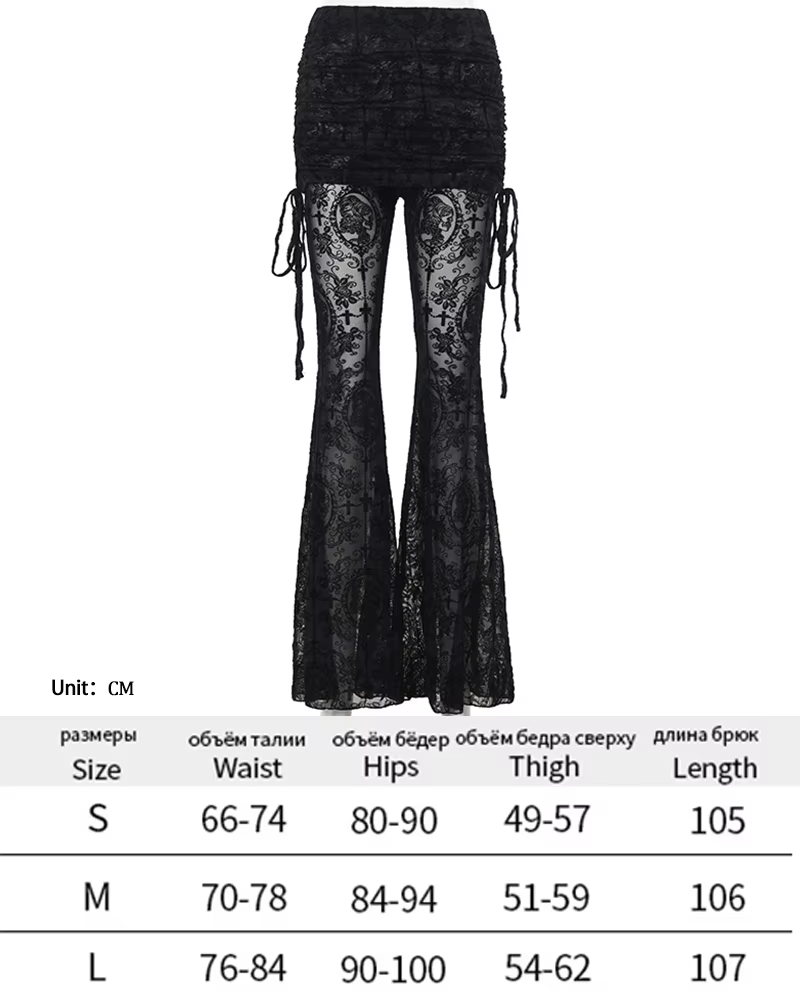 Y2K Gothic Streetwear Lace Mesh Flared Pants Black Sexy Perspective Long Trousers Vintage Women Pants