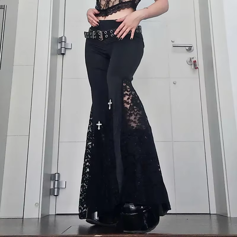 Y2K Gothic Streetwear Lace Mesh Flared Pants Black Sexy Perspective Long Trousers Vintage Women Pants