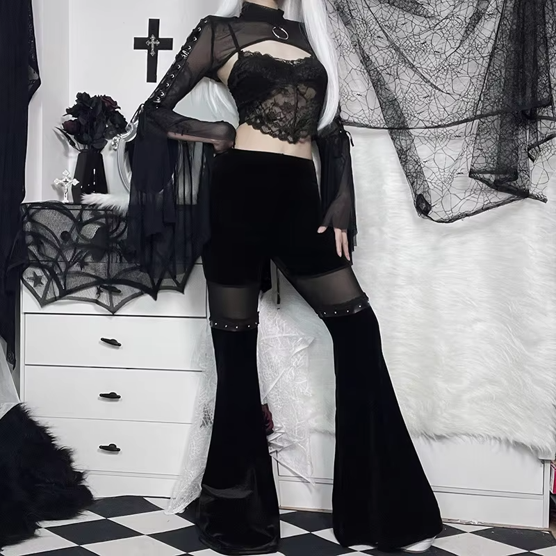 Y2K Gothic Streetwear Lace Mesh Flared Pants Black Sexy Perspective Long Trousers Vintage Women Pants