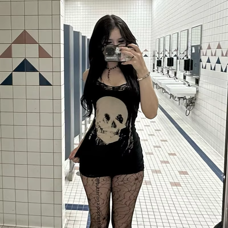 Dark Style Personalized Spicy Girl Short Skirt With Skull Print Suspender Skirt