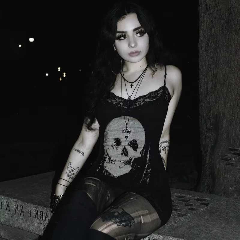 Dark Style Personalized Spicy Girl Short Skirt With Skull Print Suspender Skirt