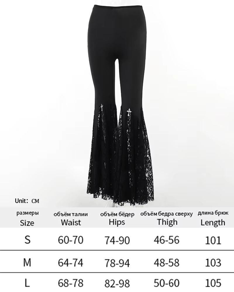 Y2K Gothic Streetwear Lace Mesh Flared Pants Black Sexy Perspective Long Trousers Vintage Women Pants
