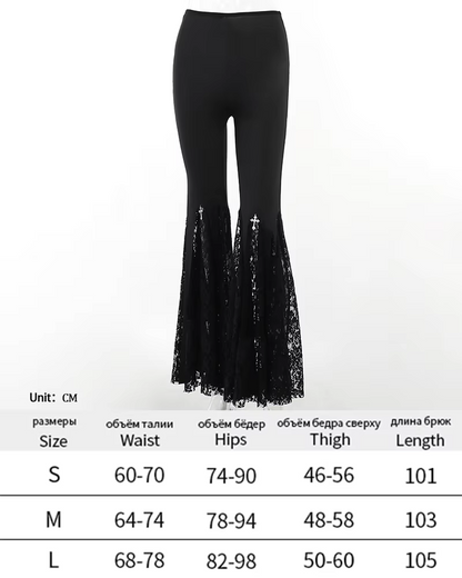 Y2K Gothic Streetwear Lace Mesh Flared Pants Black Sexy Perspective Long Trousers Vintage Women Pants