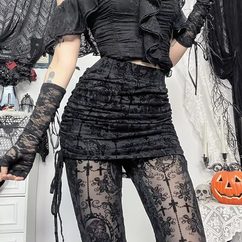 Y2K Gothic Streetwear Lace Mesh Flared Pants Black Sexy Perspective Long Trousers Vintage Women Pants