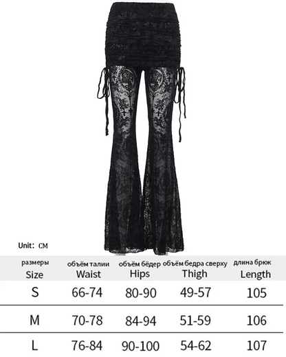 Y2K Gothic Streetwear Lace Mesh Flared Pants Black Sexy Perspective Long Trousers Vintage Women Pants