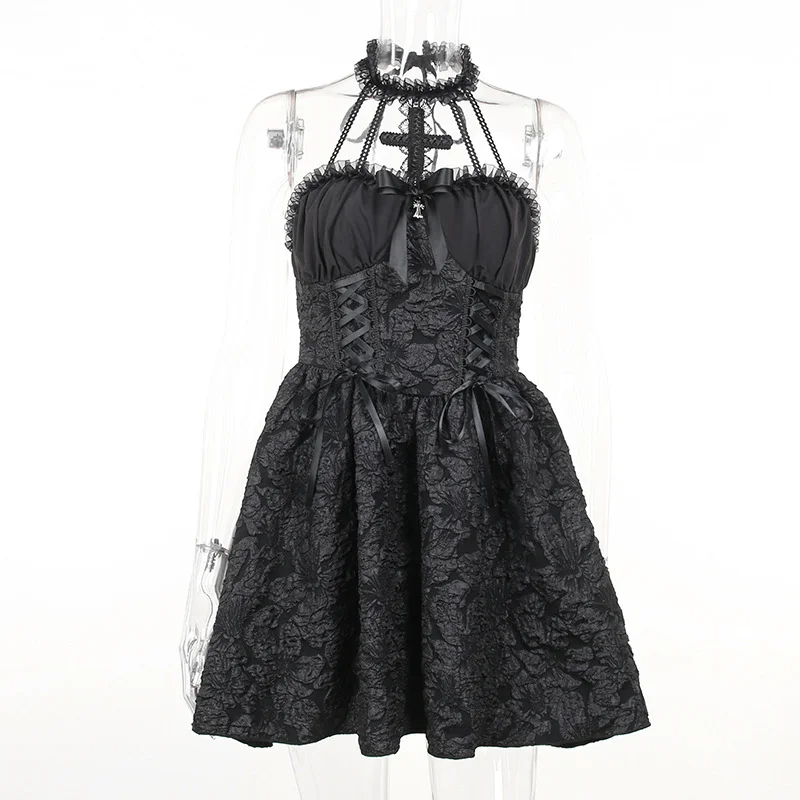 Design Sense Pleated New Dress Cross Hanging Neck Solid Color Fluffy Skirt For Women
