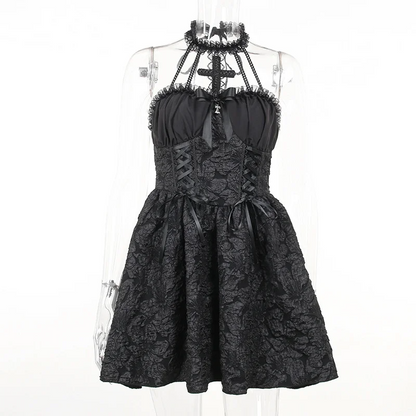 Design Sense Pleated New Dress Cross Hanging Neck Solid Color Fluffy Skirt For Women