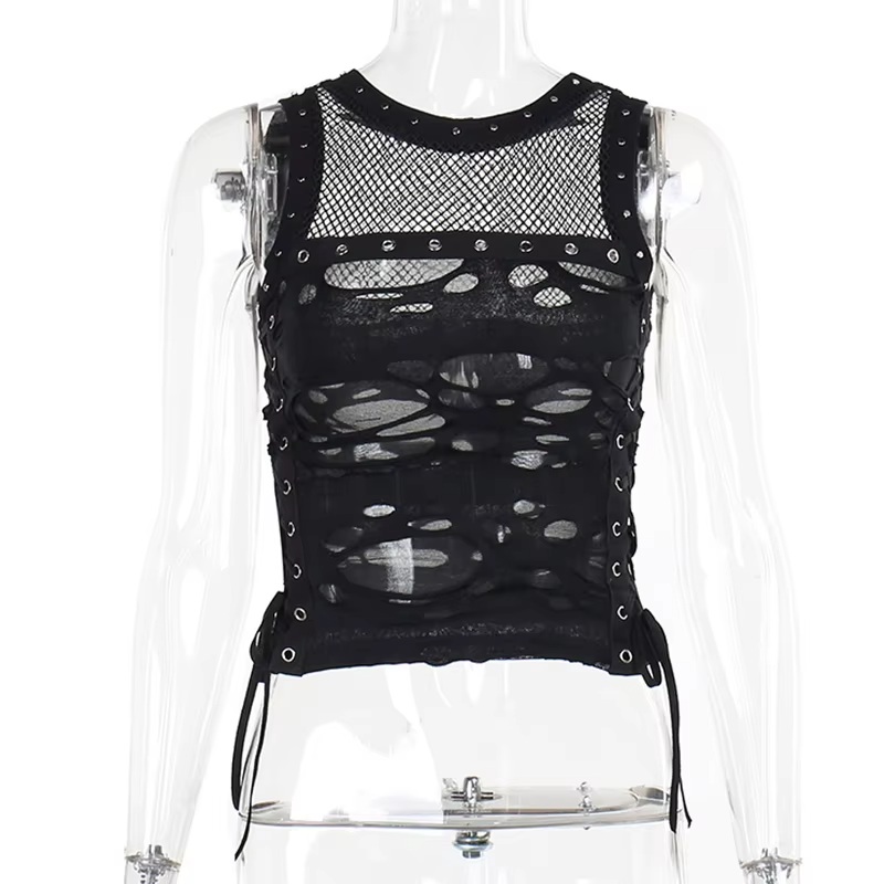 Dark Halloween Style Lace Tank Top Punk Navel Print Sexy Backless Streetwear Y2K Camisole