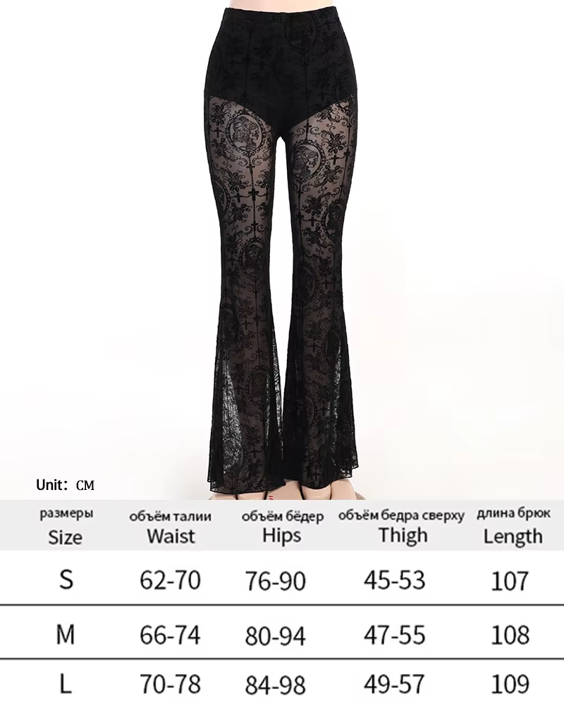 Y2K Gothic Streetwear Lace Mesh Flared Pants Black Sexy Perspective Long Trousers Vintage Women Pants
