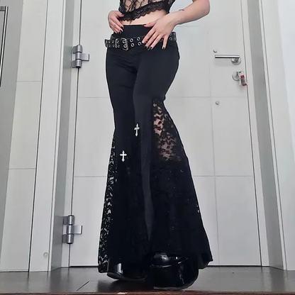 Y2K Gothic Streetwear Lace Mesh Flared Pants Black Sexy Perspective Long Trousers Vintage Women Pants
