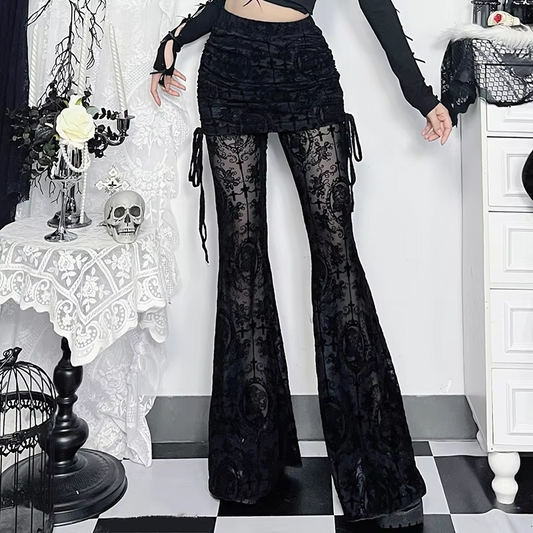 Y2K Gothic Streetwear Lace Mesh Flared Pants Black Sexy Perspective Long Trousers Vintage Women Pants