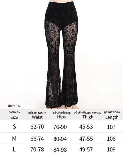 Y2K Gothic Streetwear Lace Mesh Flared Pants Black Sexy Perspective Long Trousers Vintage Women Pants