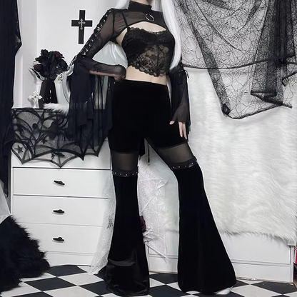 Y2K Gothic Streetwear Lace Mesh Flared Pants Black Sexy Perspective Long Trousers Vintage Women Pants