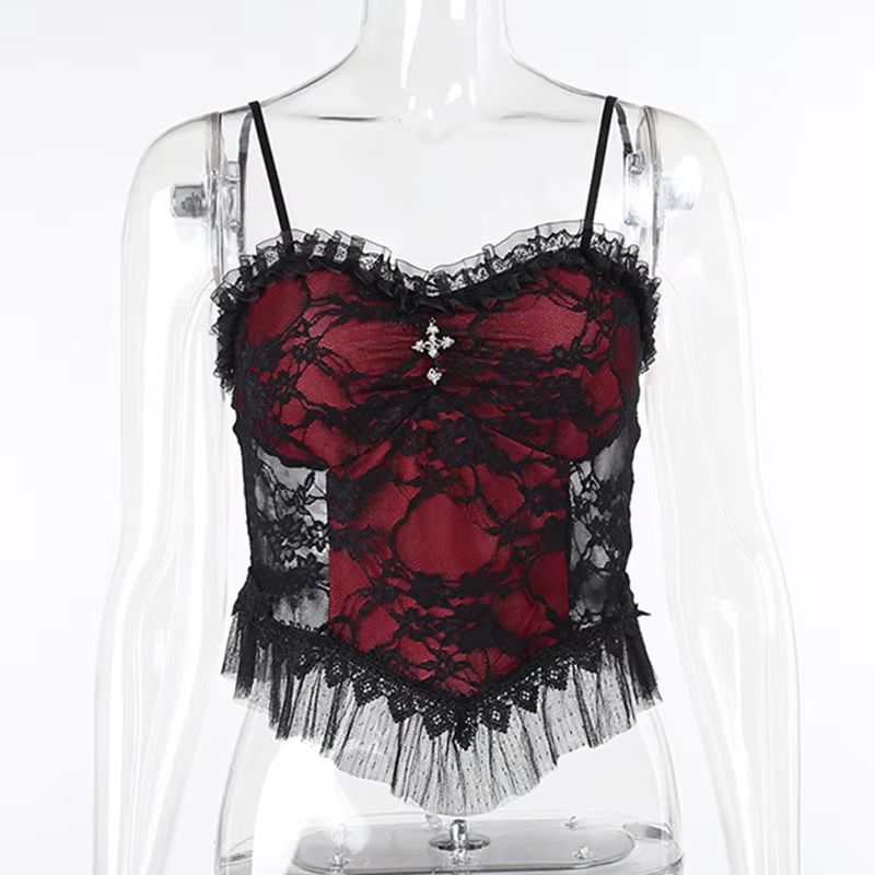 Dark Halloween Style Lace Tank Top Punk Navel Print Sexy Backless Streetwear Y2K Camisole