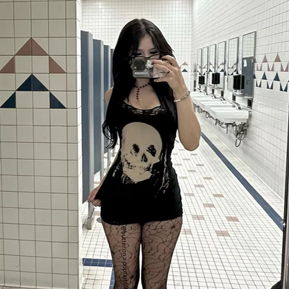 Dark Style Personalized Spicy Girl Short Skirt With Skull Print Suspender Skirt