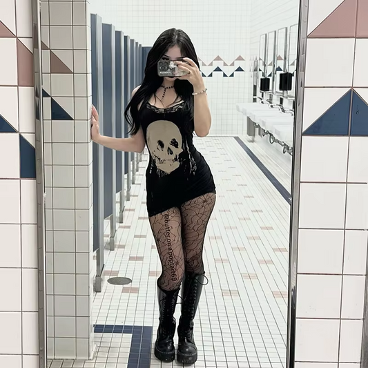Dark Style Personalized Spicy Girl Short Skirt With Skull Print Suspender Skirt