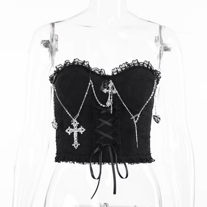 Dark Halloween Style Lace Tank Top Punk Navel Print Sexy Backless Streetwear Y2K Camisole