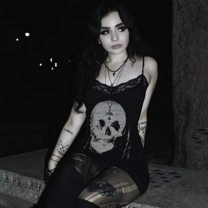 Dark Style Personalized Spicy Girl Short Skirt With Skull Print Suspender Skirt