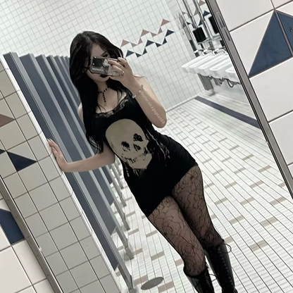 Dark Style Personalized Spicy Girl Short Skirt With Skull Print Suspender Skirt