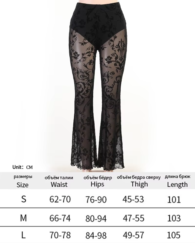 Y2K Gothic Streetwear Lace Mesh Flared Pants Black Sexy Perspective Long Trousers Vintage Women Pants