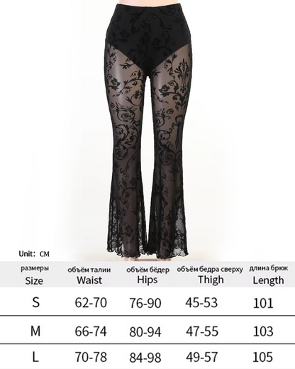 Y2K Gothic Streetwear Lace Mesh Flared Pants Black Sexy Perspective Long Trousers Vintage Women Pants