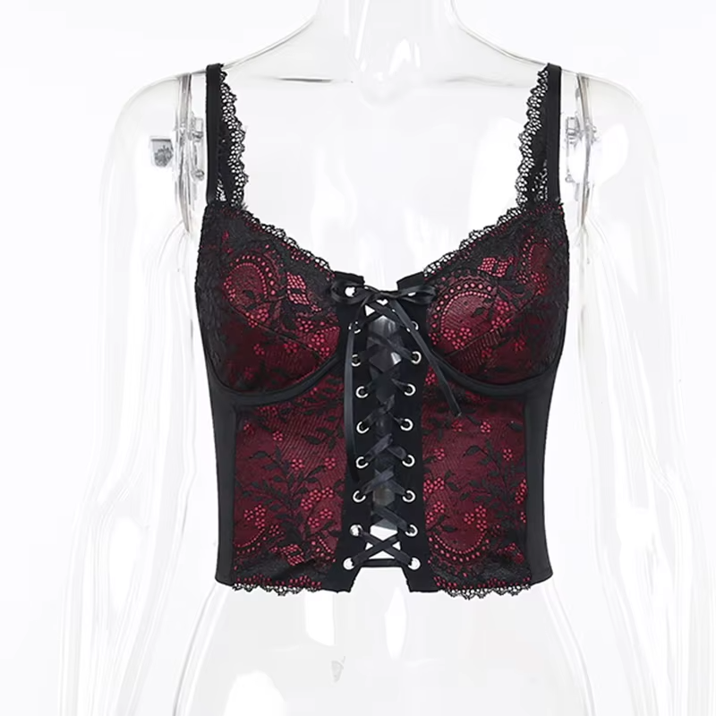 Dark Halloween Style Lace Tank Top Punk Navel Print Sexy Backless Streetwear Y2K Camisole