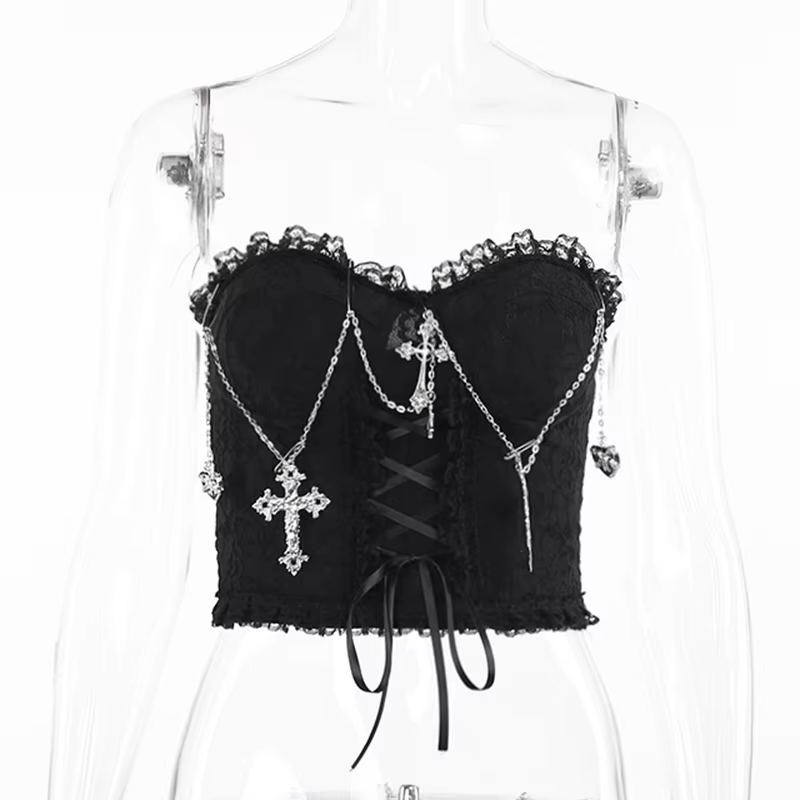 Dark Halloween Style Lace Tank Top Punk Navel Print Sexy Backless Streetwear Y2K Camisole