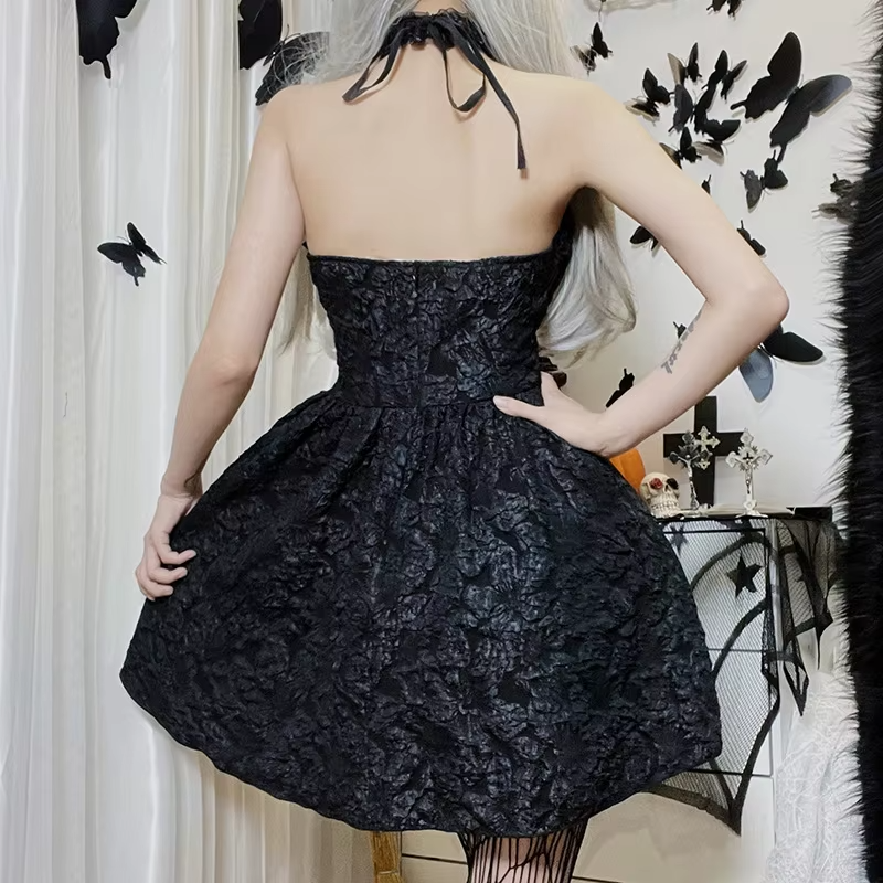 Design Sense Pleated New Dress Cross Hanging Neck Solid Color Fluffy Skirt For Women