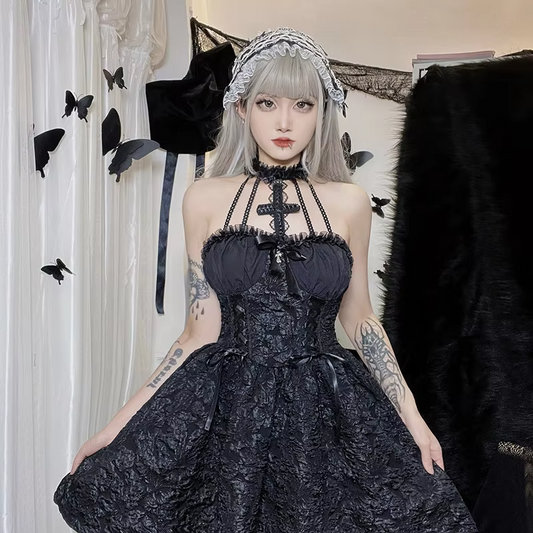 Design Sense Pleated New Dress Cross Hanging Neck Solid Color Fluffy Skirt For Women
