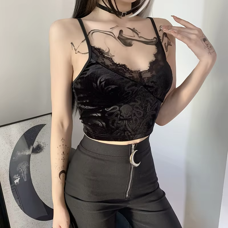 Dark Halloween Style Lace Tank Top Punk Navel Print Sexy Backless Streetwear Y2K Camisole
