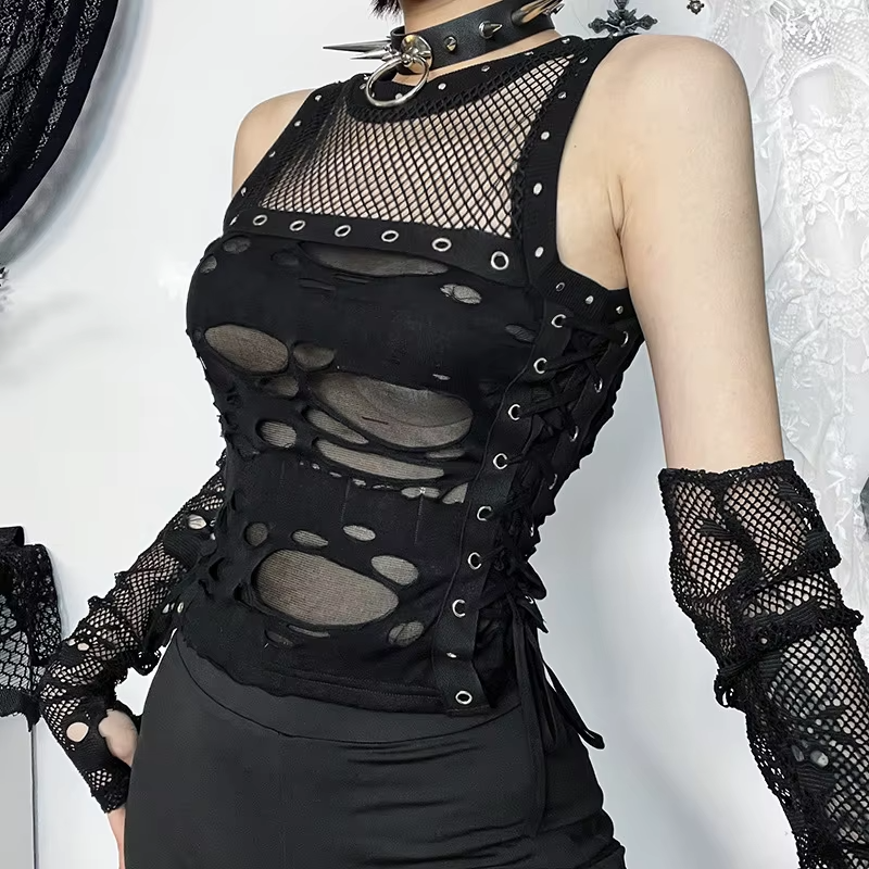 Dark Halloween Style Lace Tank Top Punk Navel Print Sexy Backless Streetwear Y2K Camisole